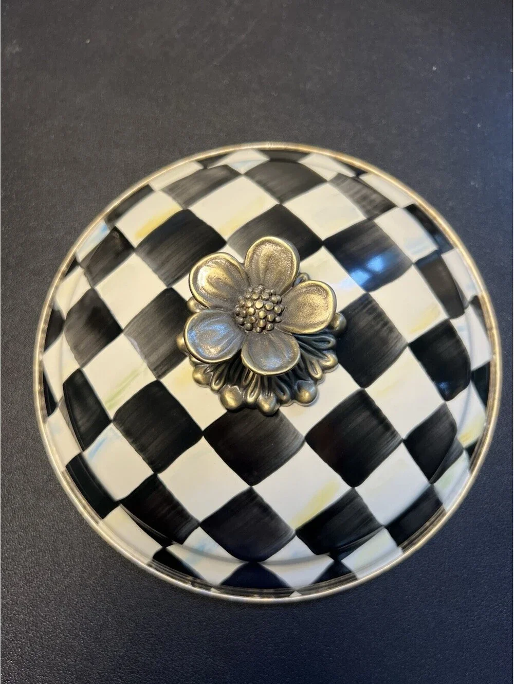 NIB MacKenzie-Childs 2000s Casserole Courtly Check Enamel Black White, 8.5x5.5